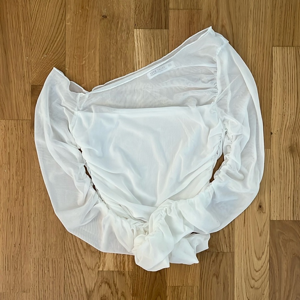 White sheer asymmetrical top with ruched detail